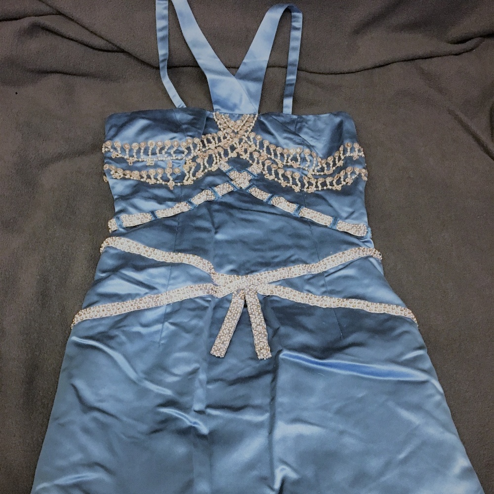 BADGLEY MISCHKA Blue Halter Strap Evening Dress